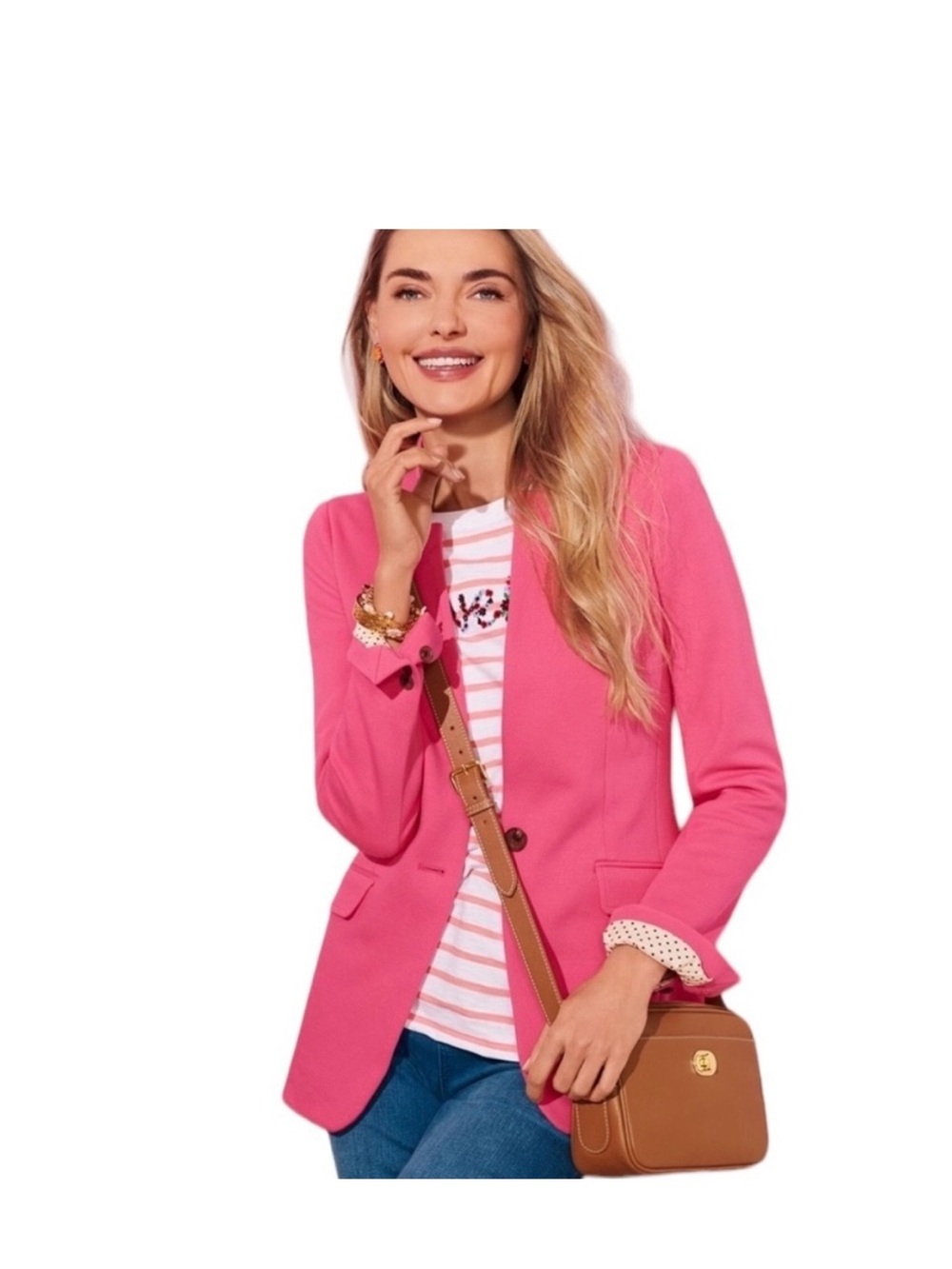 Talbots Blazer Easy Knit TwillStand Collar Pockets Polka Dot Lined Hot Pink 4